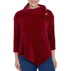 Ruby Rd. Split Cowl neck Chenille Jacquard Knit Top Sweater asymmetrical hem S